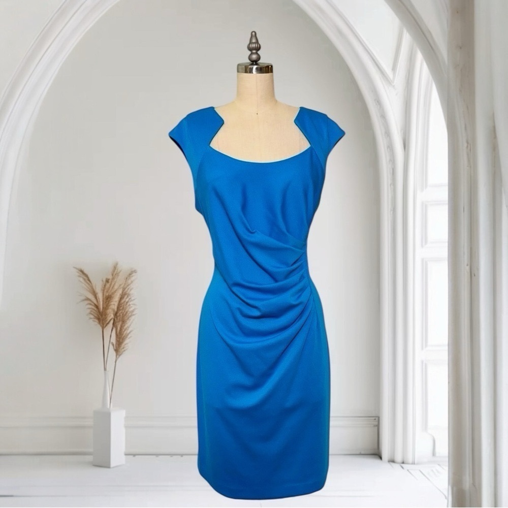 Calvin Klein Ruched Stretch Sheath Dress Blue Teal Size 14 - Picture 10 of 10